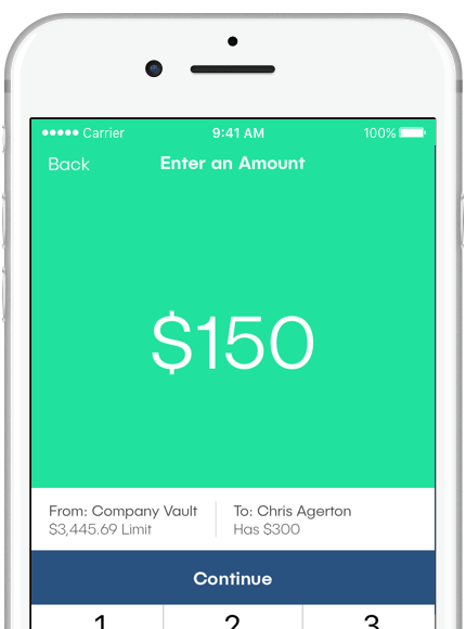 Image of phone running the dash app. Screen reads: "Enter an amount: $150"