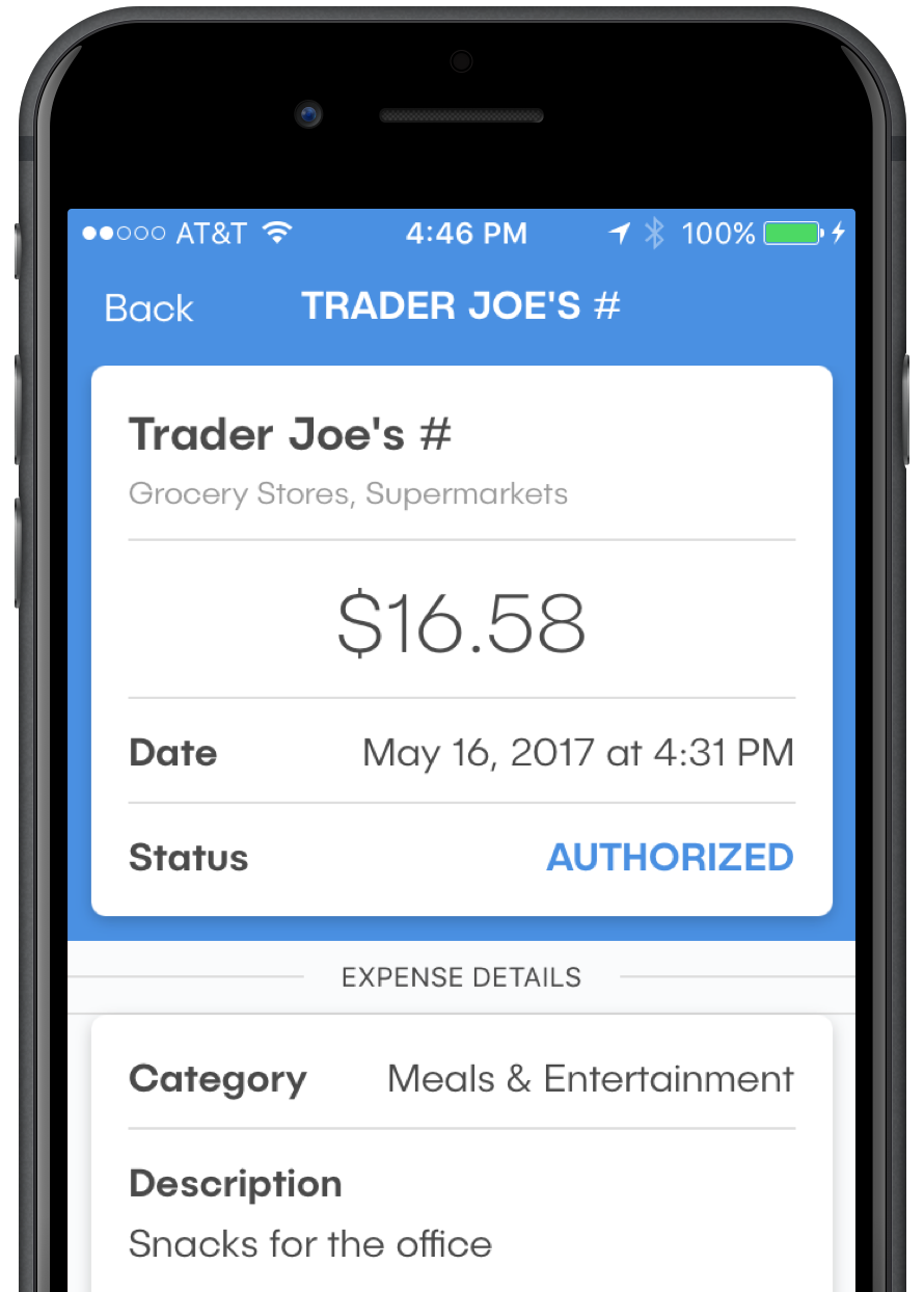 Image of dash™ mobile app, viewing a detail screen for a purchase at Trader Joe's. Store name, purchase amount, time and date, authorization status, and purchase category are all visible.