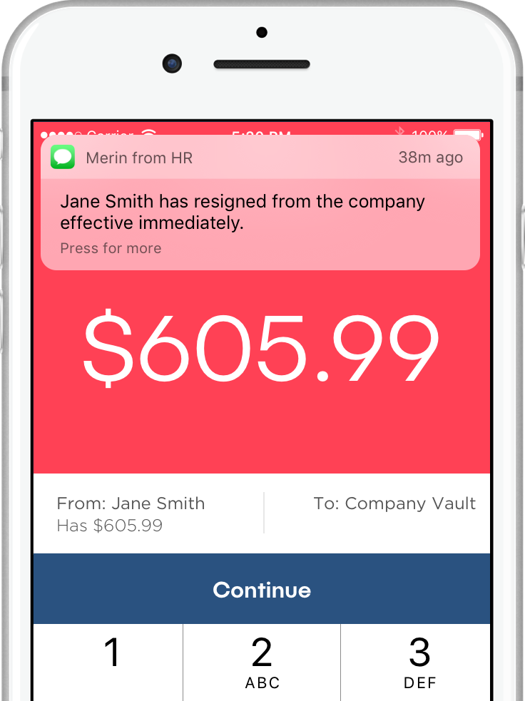 Image of phone running the dash™ app. An incoming SMS notification reads, "Jane Smith has resigned from the company effective immediately." The dash screen shows a denied transaction from Jane Smith.™